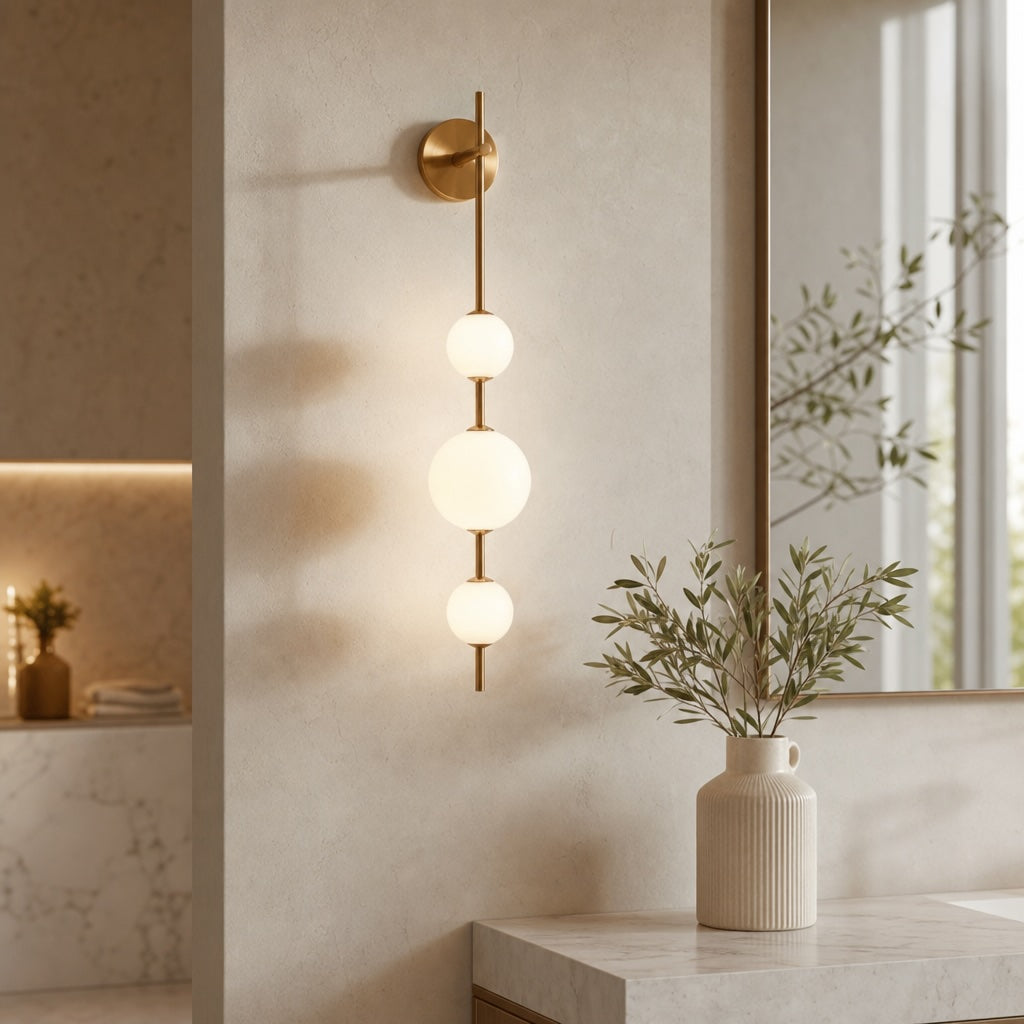 Vertical Globe Wall Light Glass Shade Brass LED Sconce