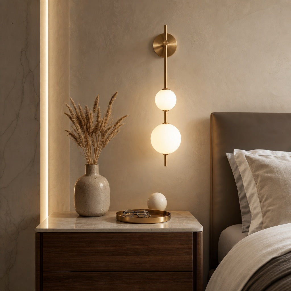 Vertical Globe Wall Light Glass Shade Brass LED Sconce