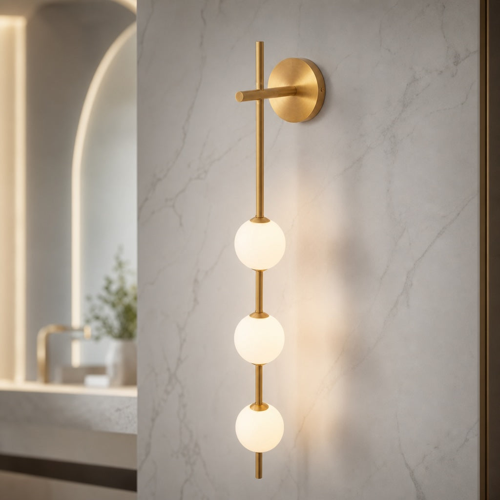 Vertical Globe Wall Light Glass Shade Brass LED Sconce