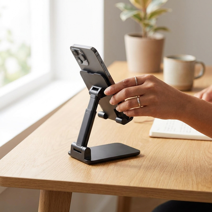 Black phone and tablet stand