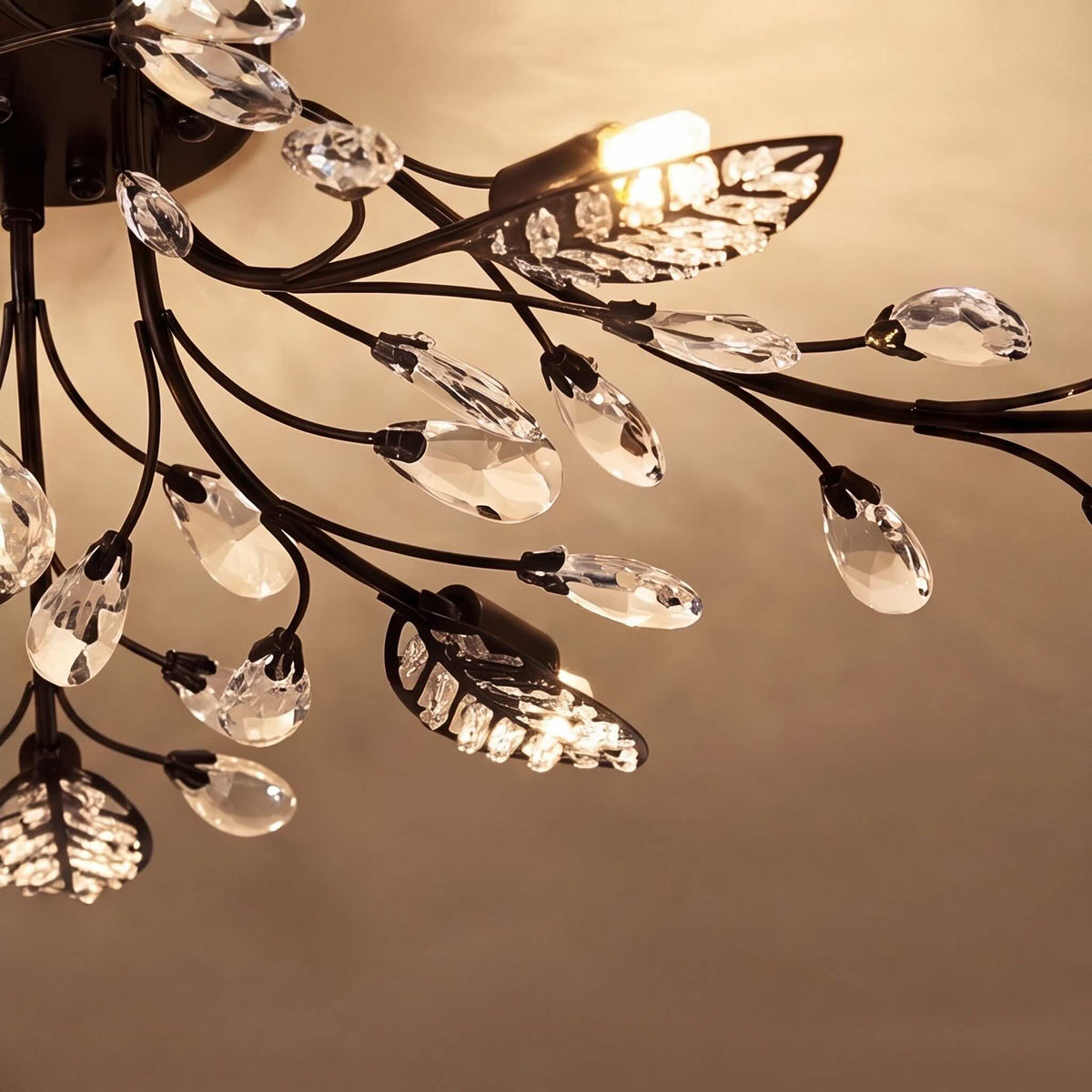 Crystal Leaf Semi-Flush Chandelier Iron 8-Light LED Antique Brass or Black