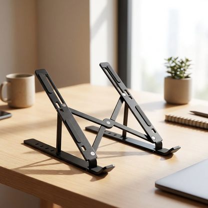 Black aluminium laptop stand on desk