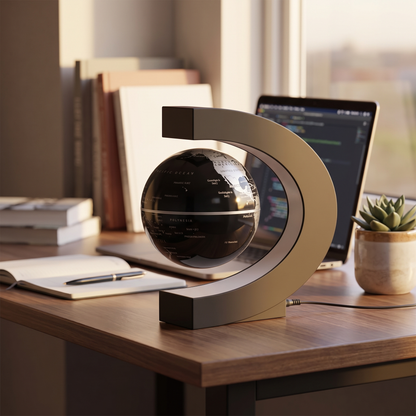 Magnetic Floating LED Globe Lamp on a home-office desk