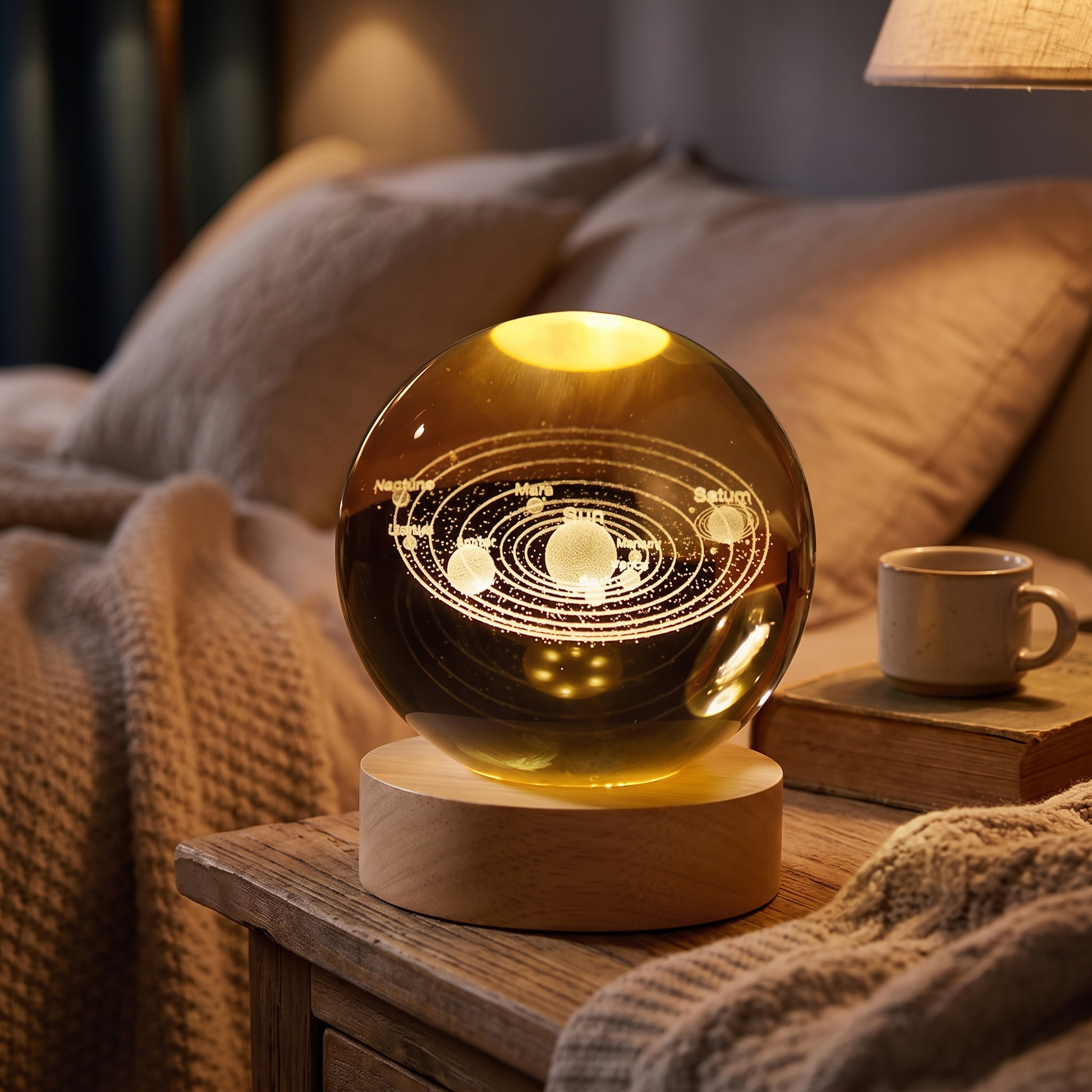 3D Galaxy Crystal Ball Night Light on a bedside table