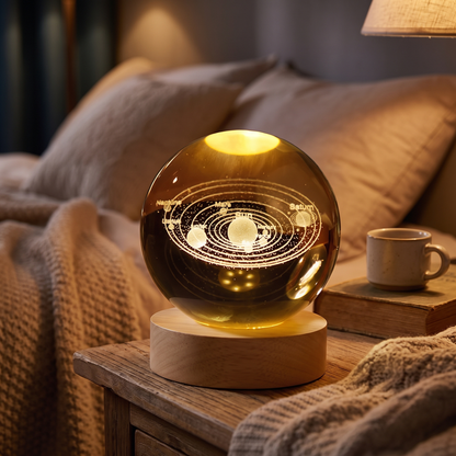 3D Galaxy Crystal Ball Night Light on a bedside table