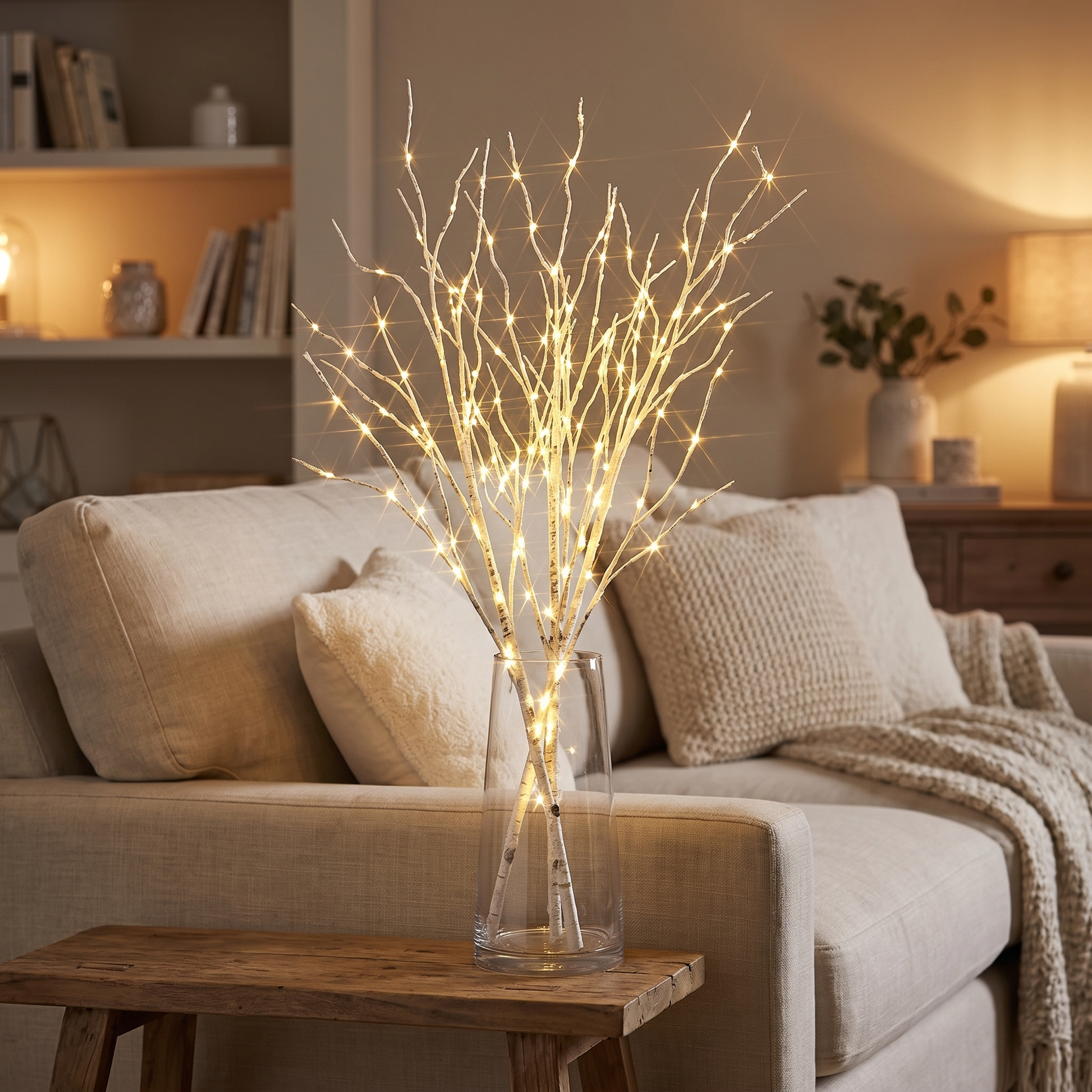 LED Birch Branch Fairy Lights in a living room