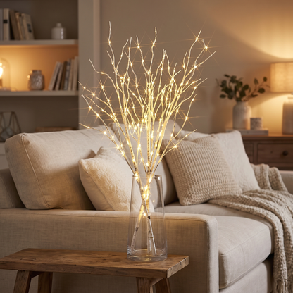 LED Birch Branch Fairy Lights in a living room