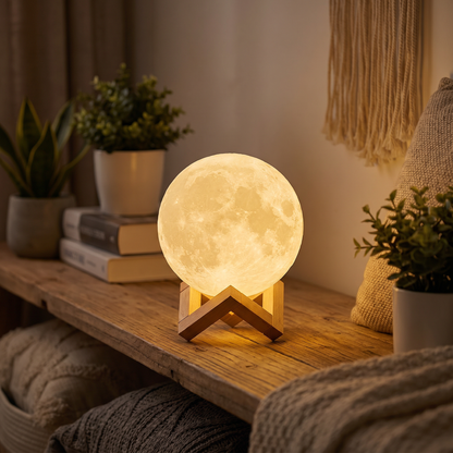 DIY Moon LED Night Light with wooden stand on a shelf