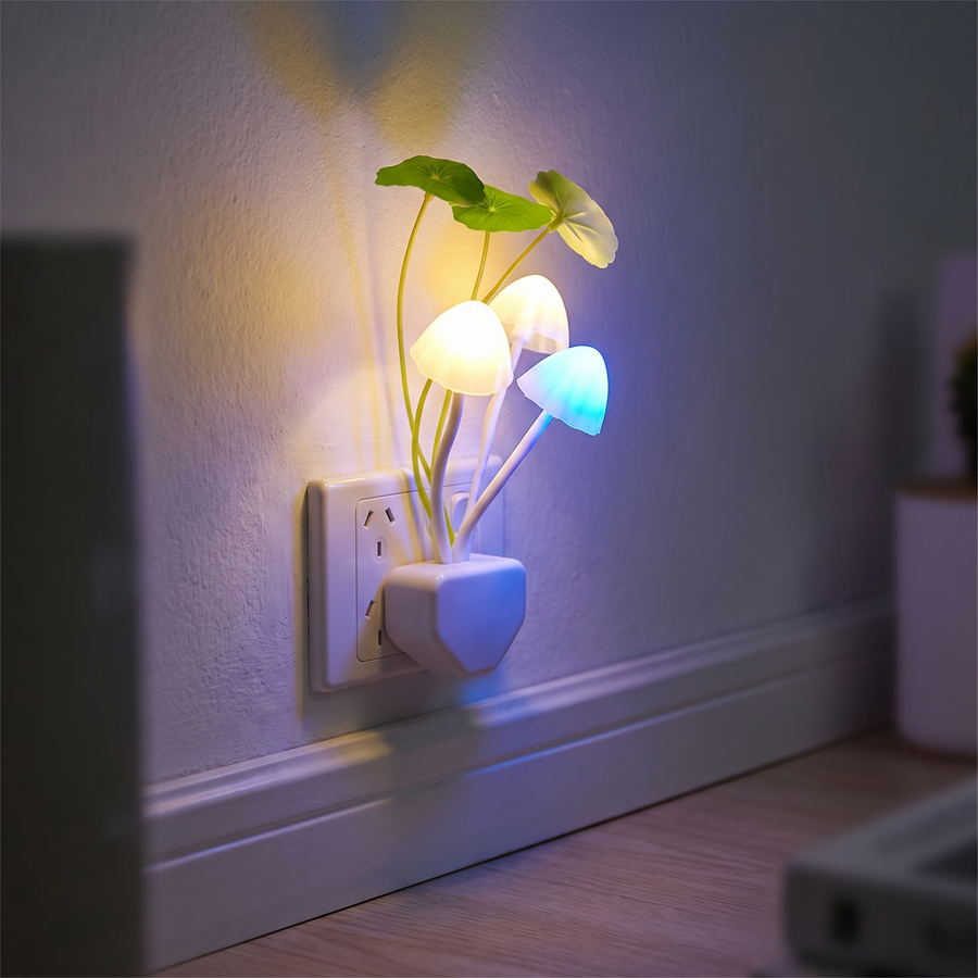 Mushroom Motion Sensor Night Light plugged into a wall powerpoint variant
