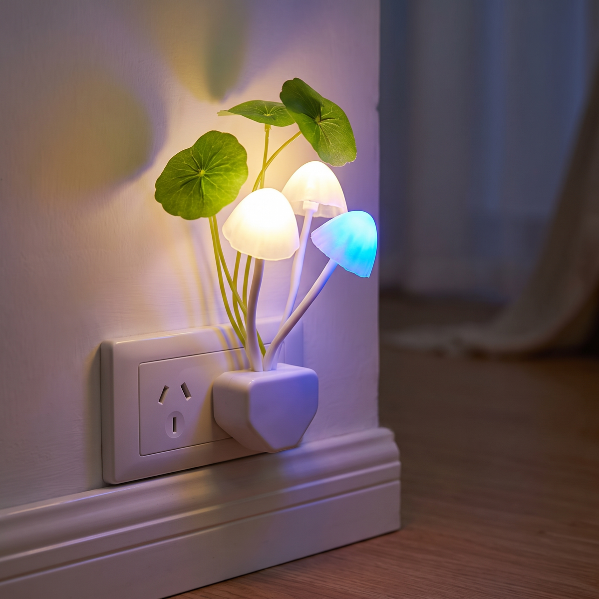 Mushroom Motion Sensor Night Light plugged into a wall powerpoint hero