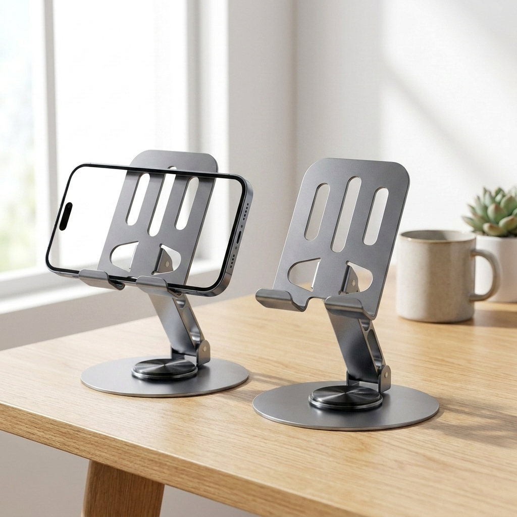 Two grey rotating phone stands