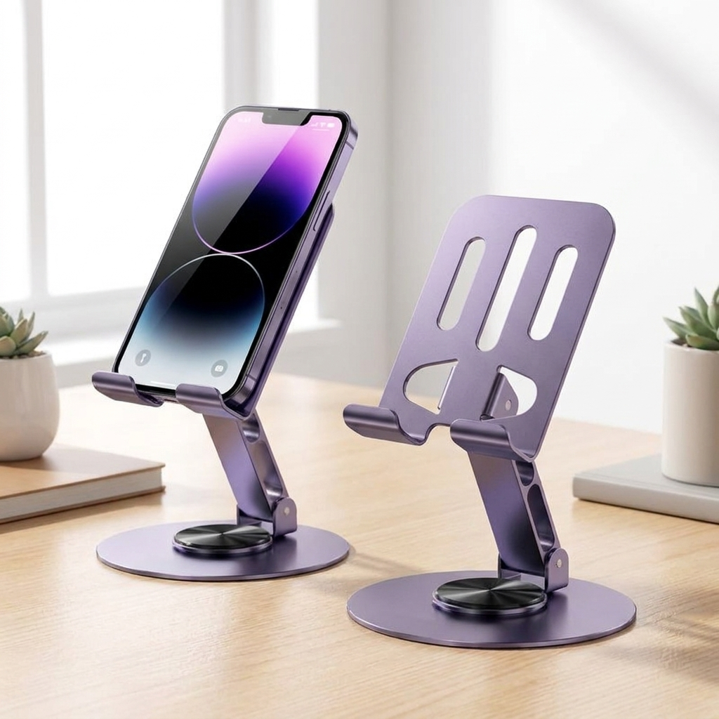 Two violet rotating phone stands