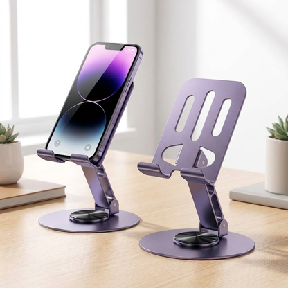 Two violet rotating phone stands