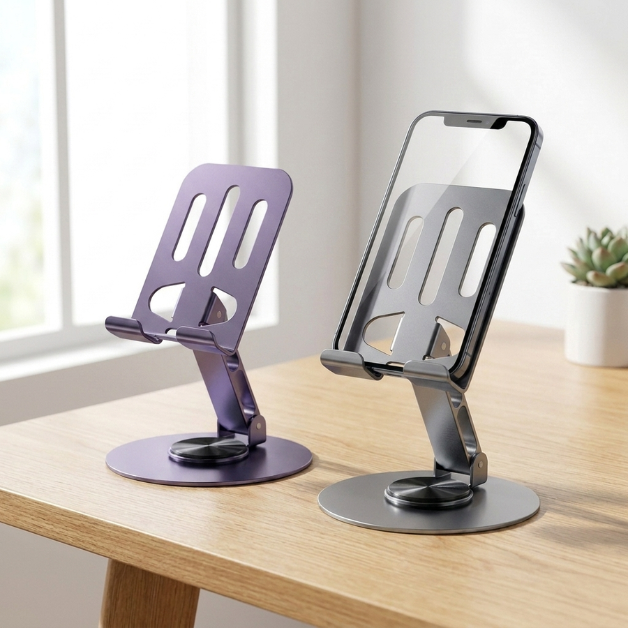 One violet and one grey rotating phone stand