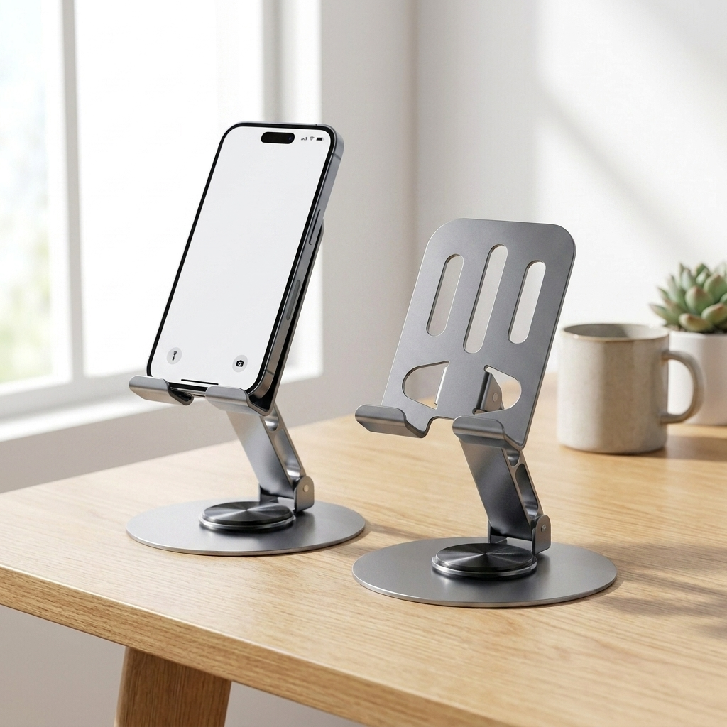 Two grey rotating phone stands
