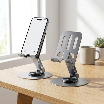 Two grey rotating phone stands