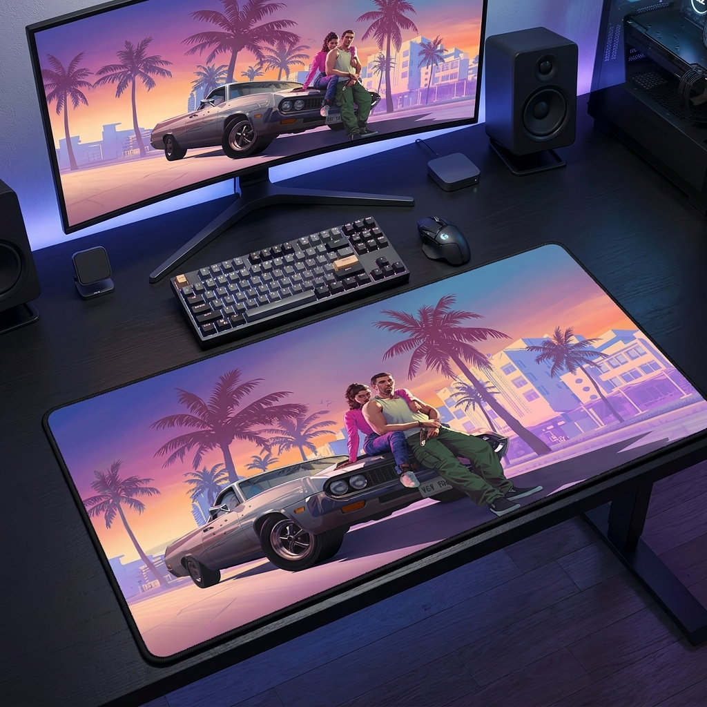 GTA theme gaming mouse pad on a modern masculine desk setup