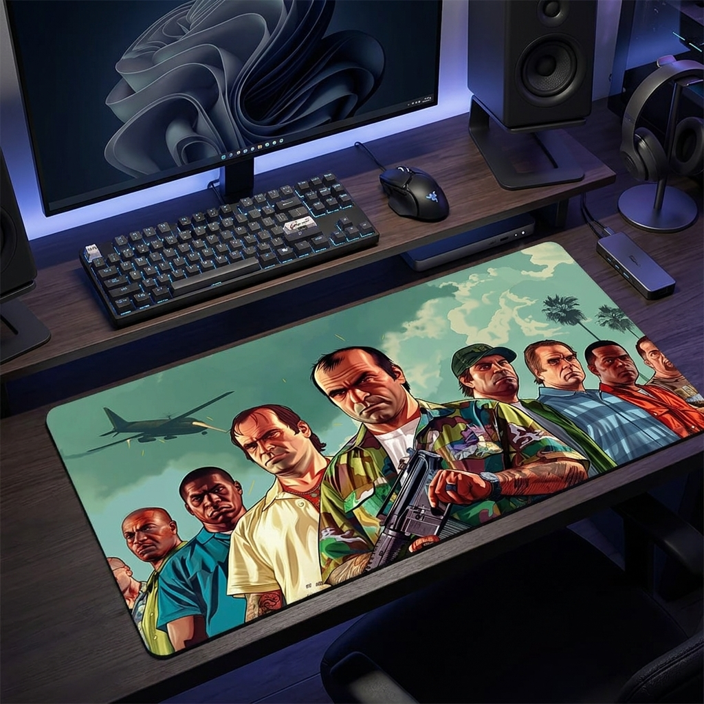 GTA theme gaming mouse pad on a modern masculine desk setup