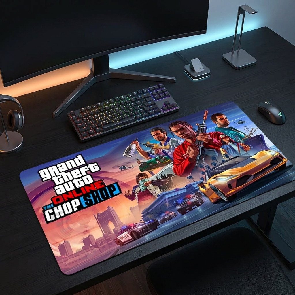 GTA theme gaming mouse pad on a modern masculine desk setup