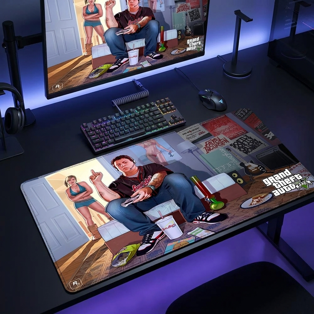 GTA theme gaming mouse pad on a modern masculine desk setup