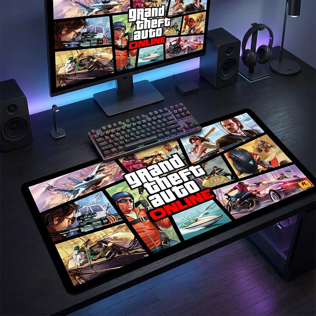 GTA theme gaming mouse pad on a modern masculine desk setup