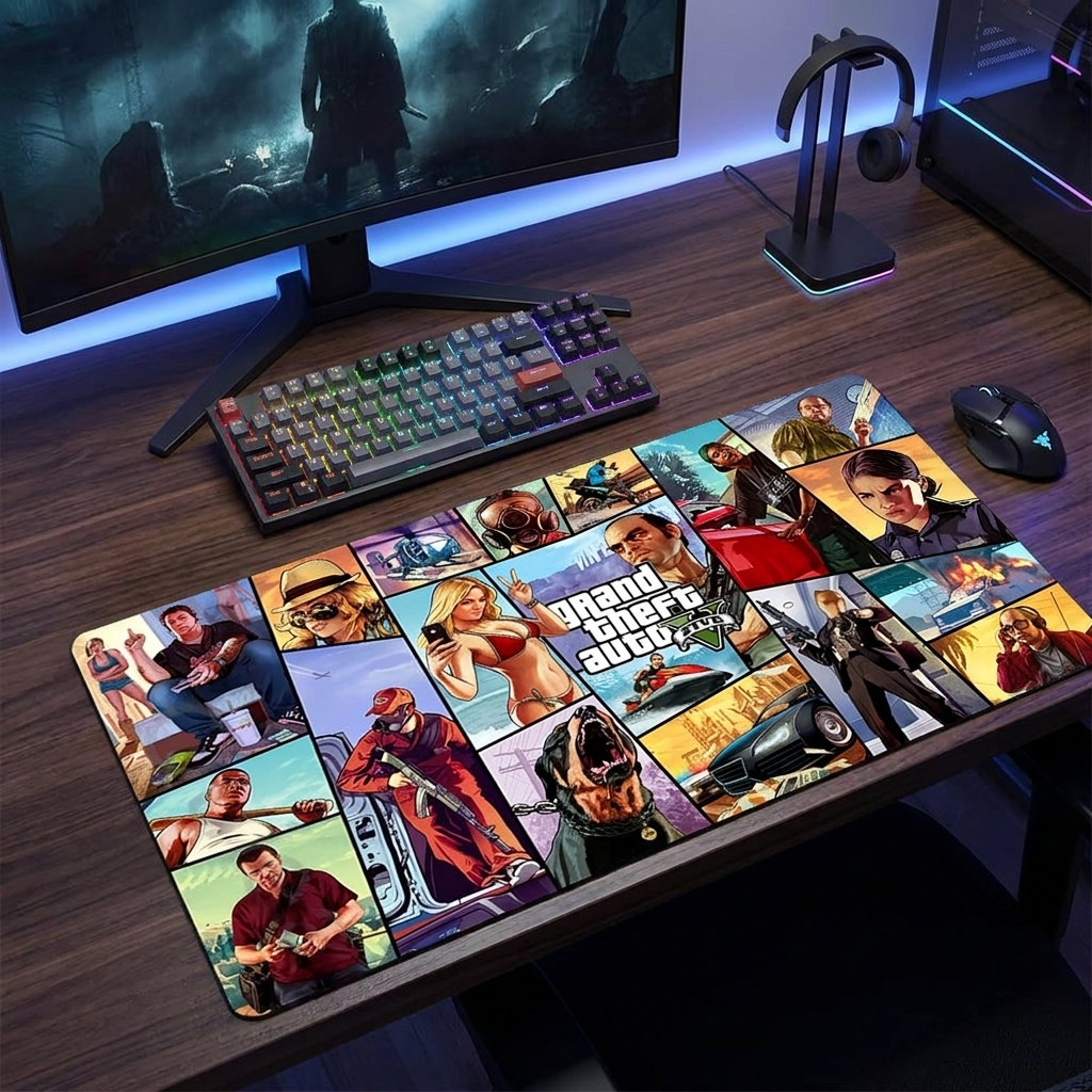 GTA theme gaming mouse pad on a modern masculine desk setup