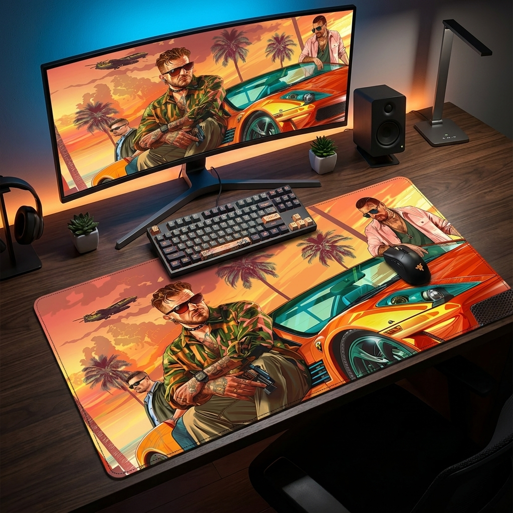 GTA theme gaming mouse pad on a modern masculine desk setup