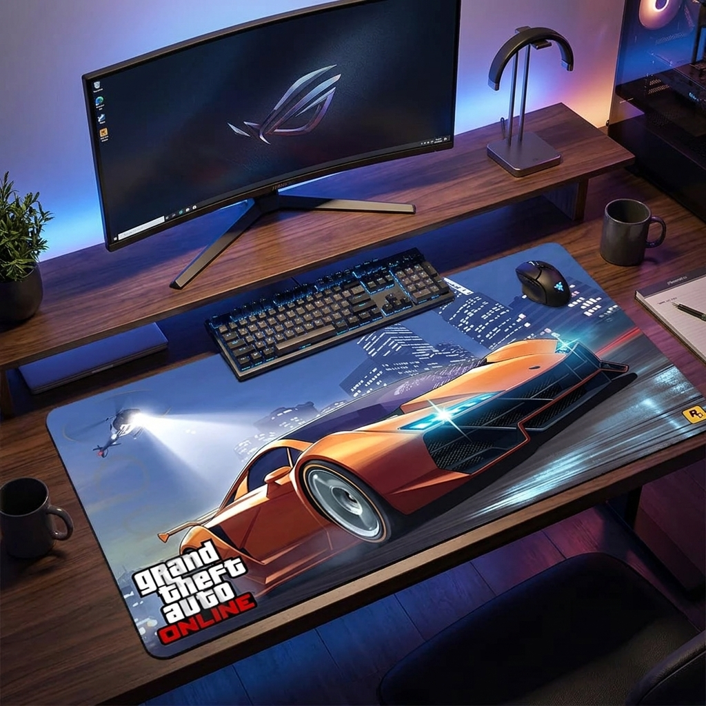 GTA theme gaming mouse pad on a modern masculine desk setup