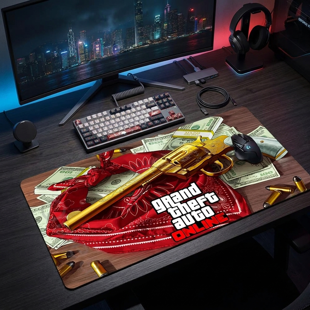 GTA theme gaming mouse pad on a modern masculine desk setup