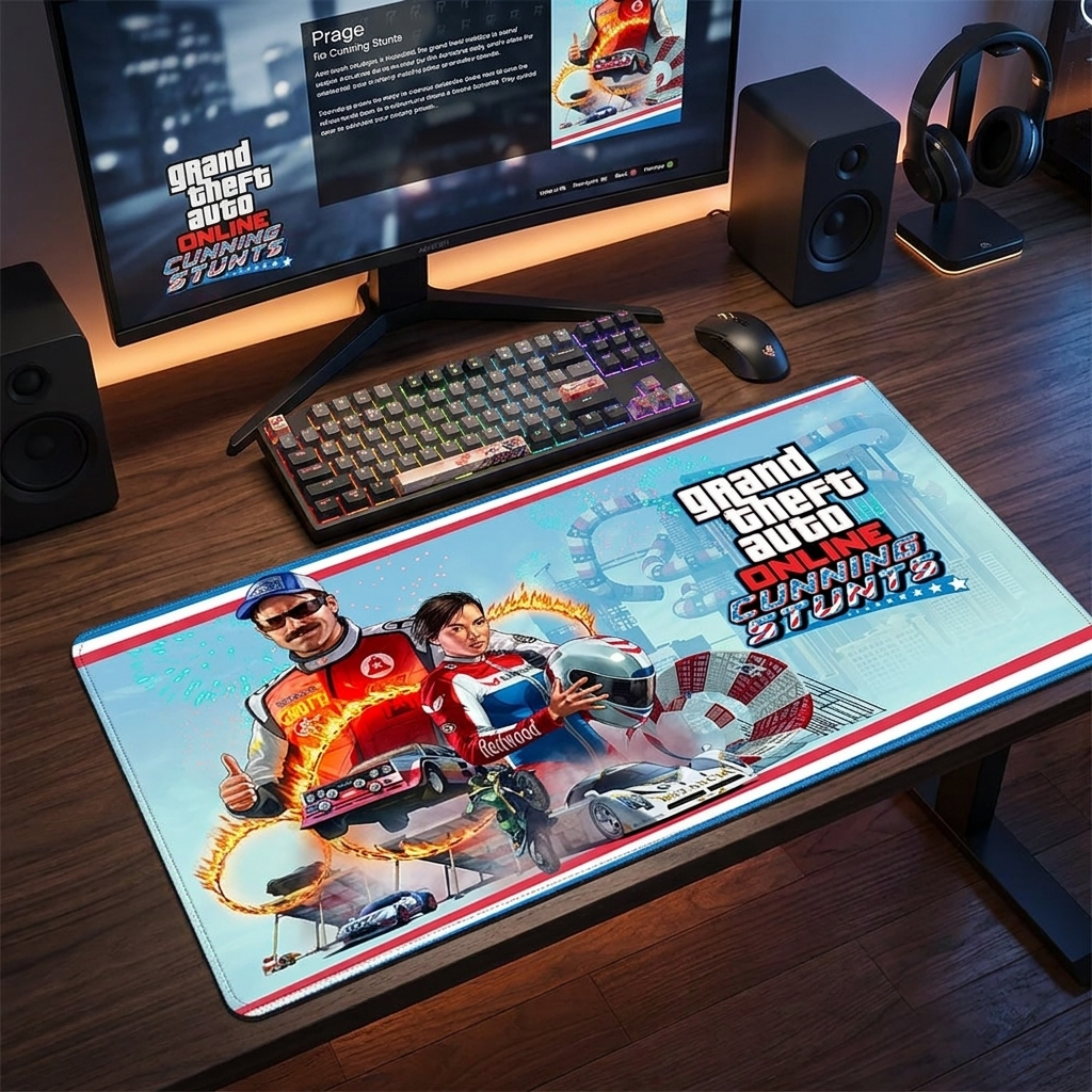 GTA theme gaming mouse pad on a modern masculine desk setup