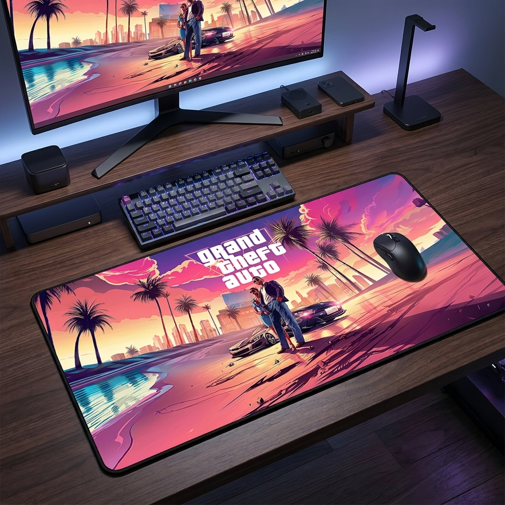 GTA theme gaming mouse pad on a modern masculine desk setup