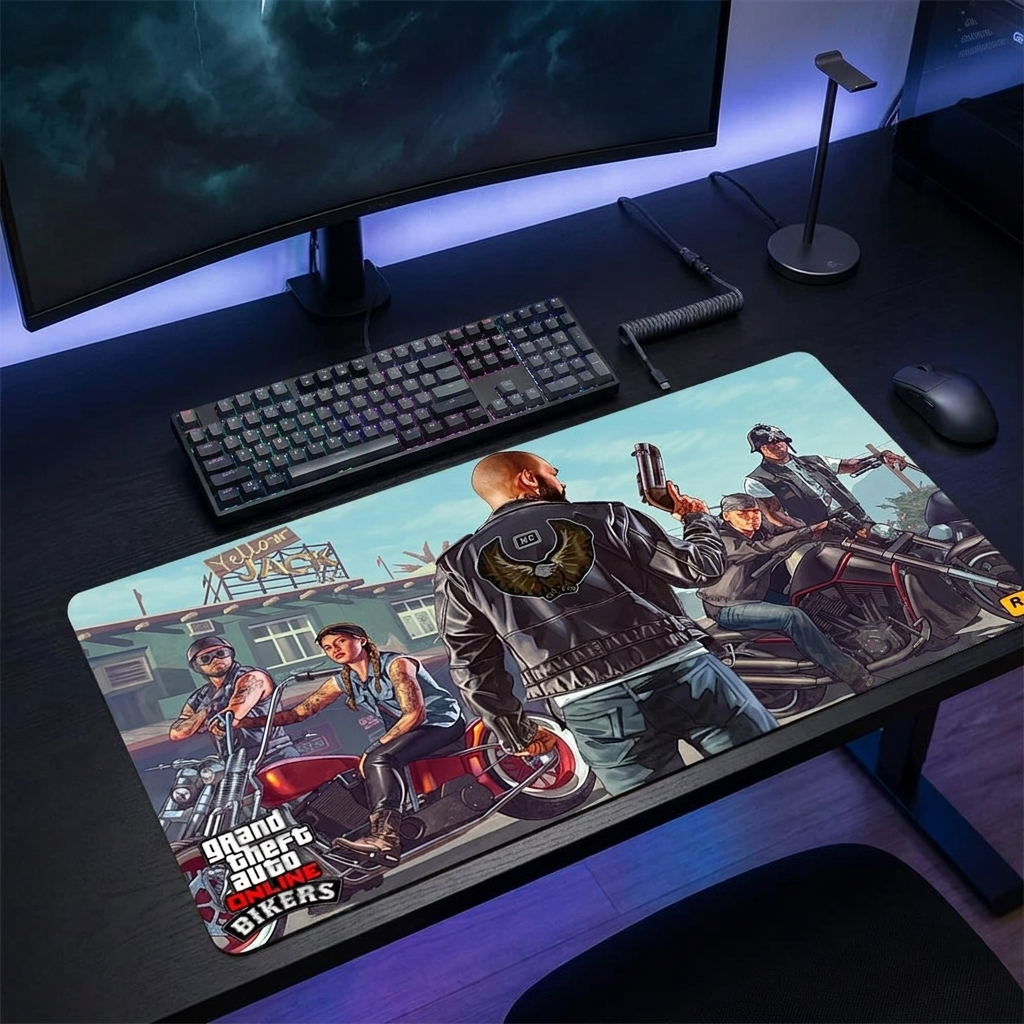 GTA theme gaming mouse pad on a modern masculine desk setup