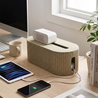 Khaki cable management organizer box in a home office
