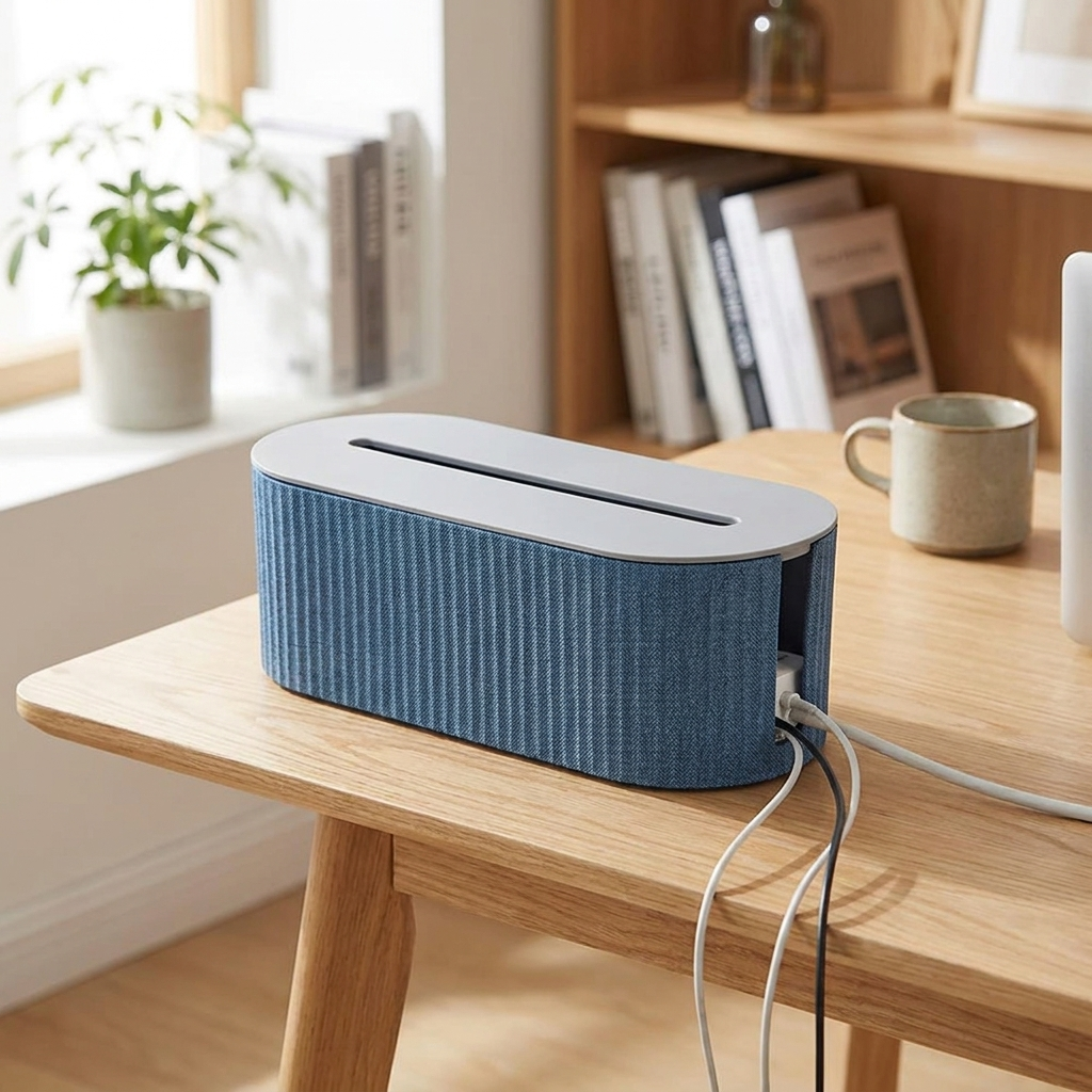 Blue cable management organizer box in a home office