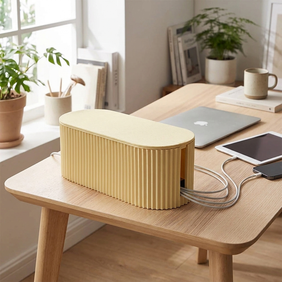 Light yellow cable management organizer box in a home office
