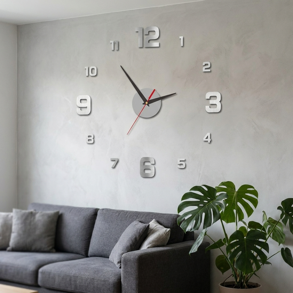 Silver frameless wall clock on a living room wall
