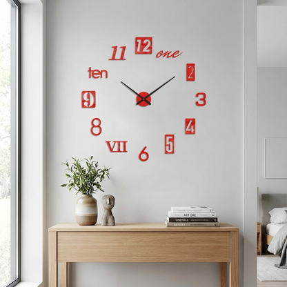 Red number poster wall clock in a modern interior