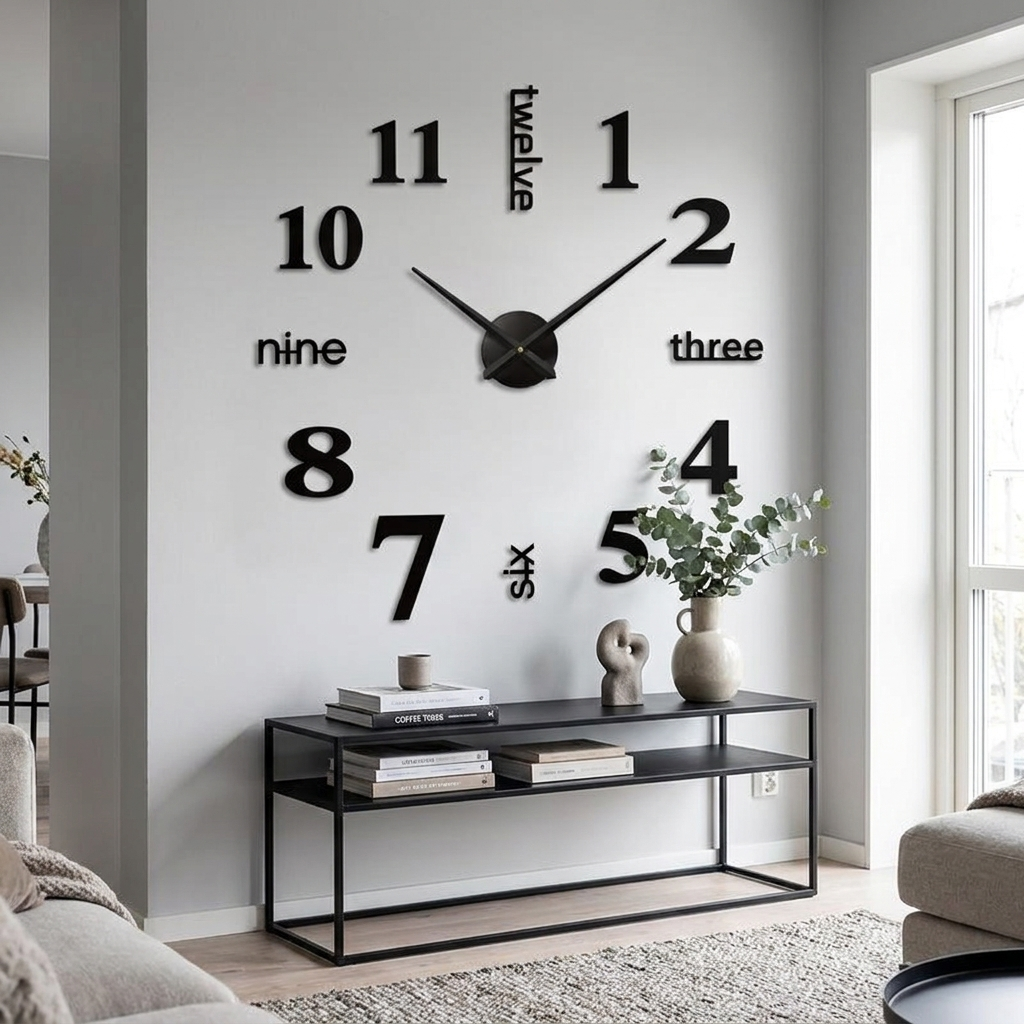 Black number poster wall clock in a modern interior