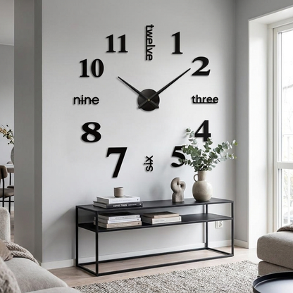 Black number poster wall clock in a modern interior