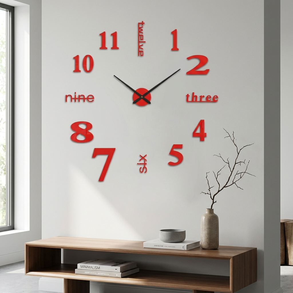 Red number poster wall clock alternate design in a modern interior
