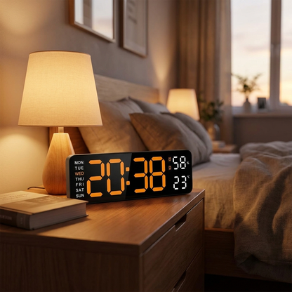 LED digital alarm clock WO on a nightstand