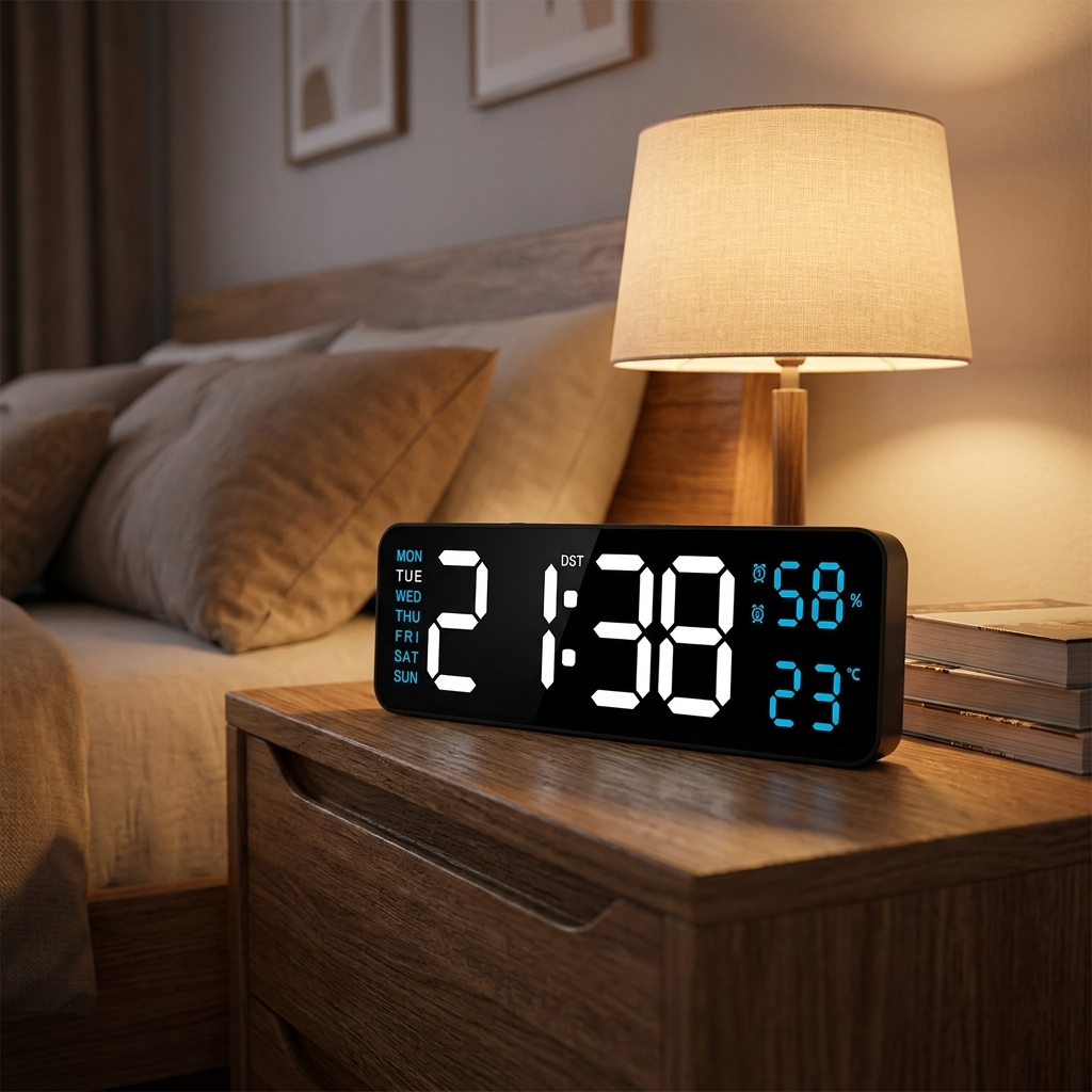 LED digital alarm clock ABBL on a nightstand