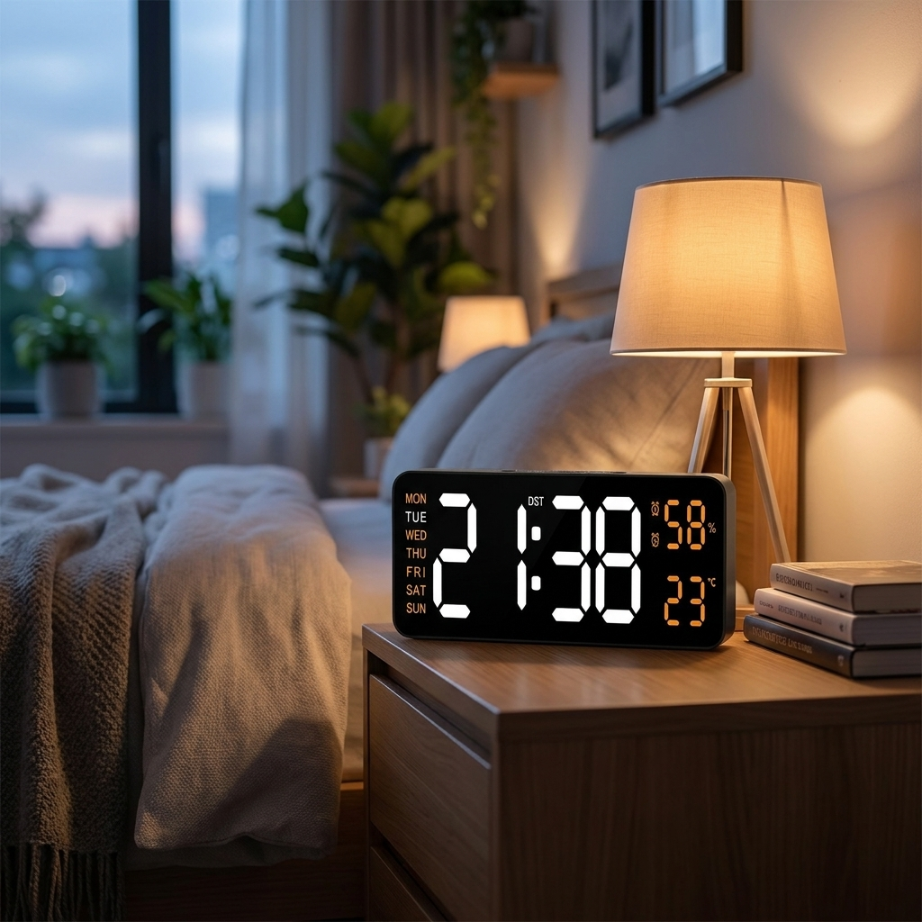 LED digital alarm clock ABO on a nightstand