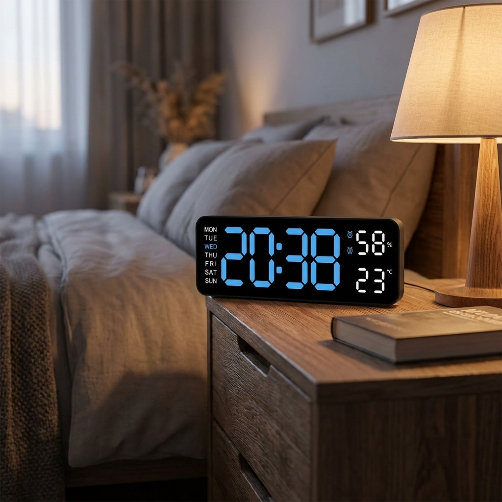 LED digital alarm clock BBL on a nightstand