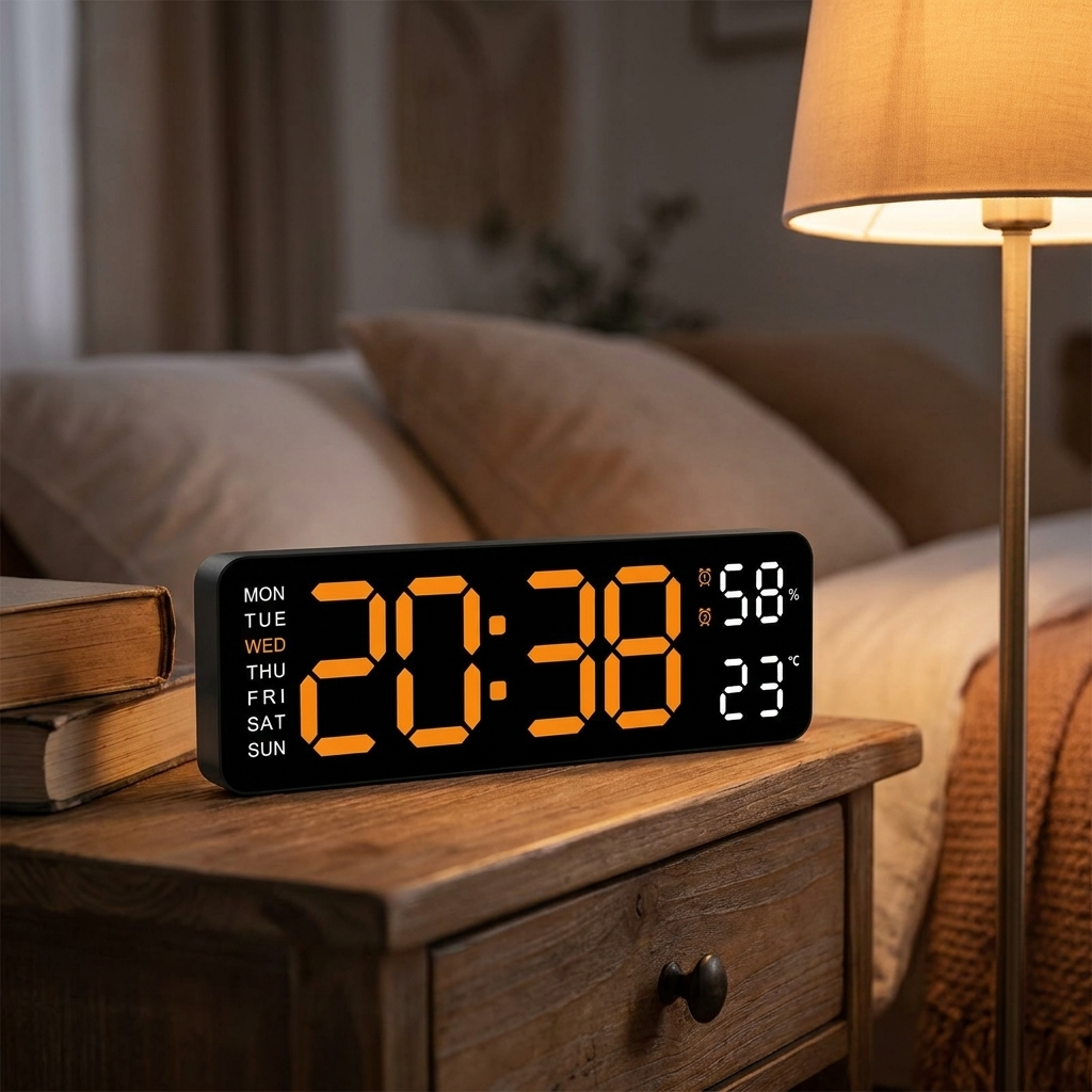 LED digital alarm clock BO on a nightstand