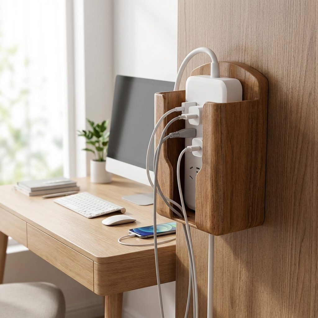 Wooden cable storage box on a desk