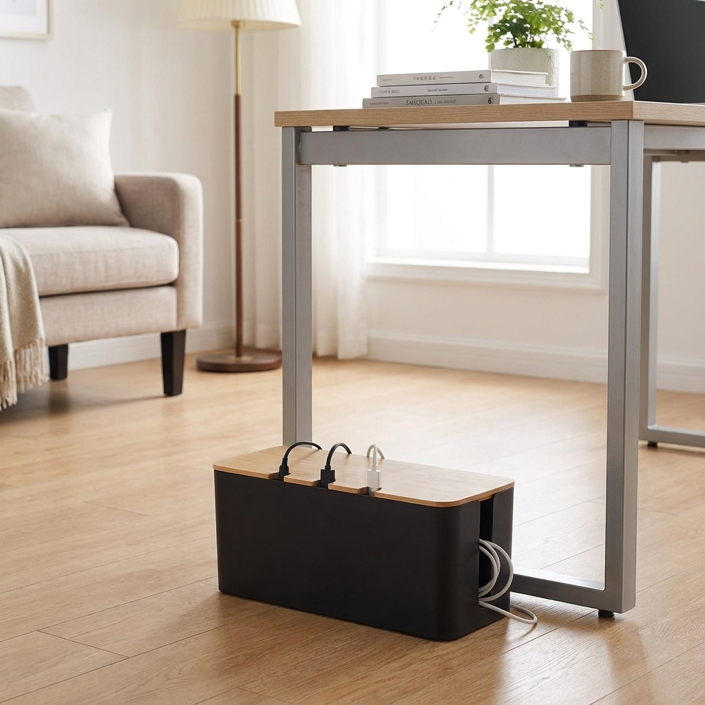 Black wooden cable management box beside a desk