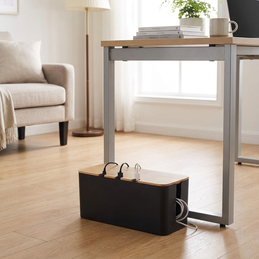 Black wooden cable management box beside a desk