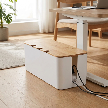 White wooden cable management box beside a desk