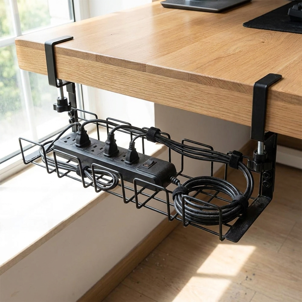 Under-desk metal cable tray mounted under a desk